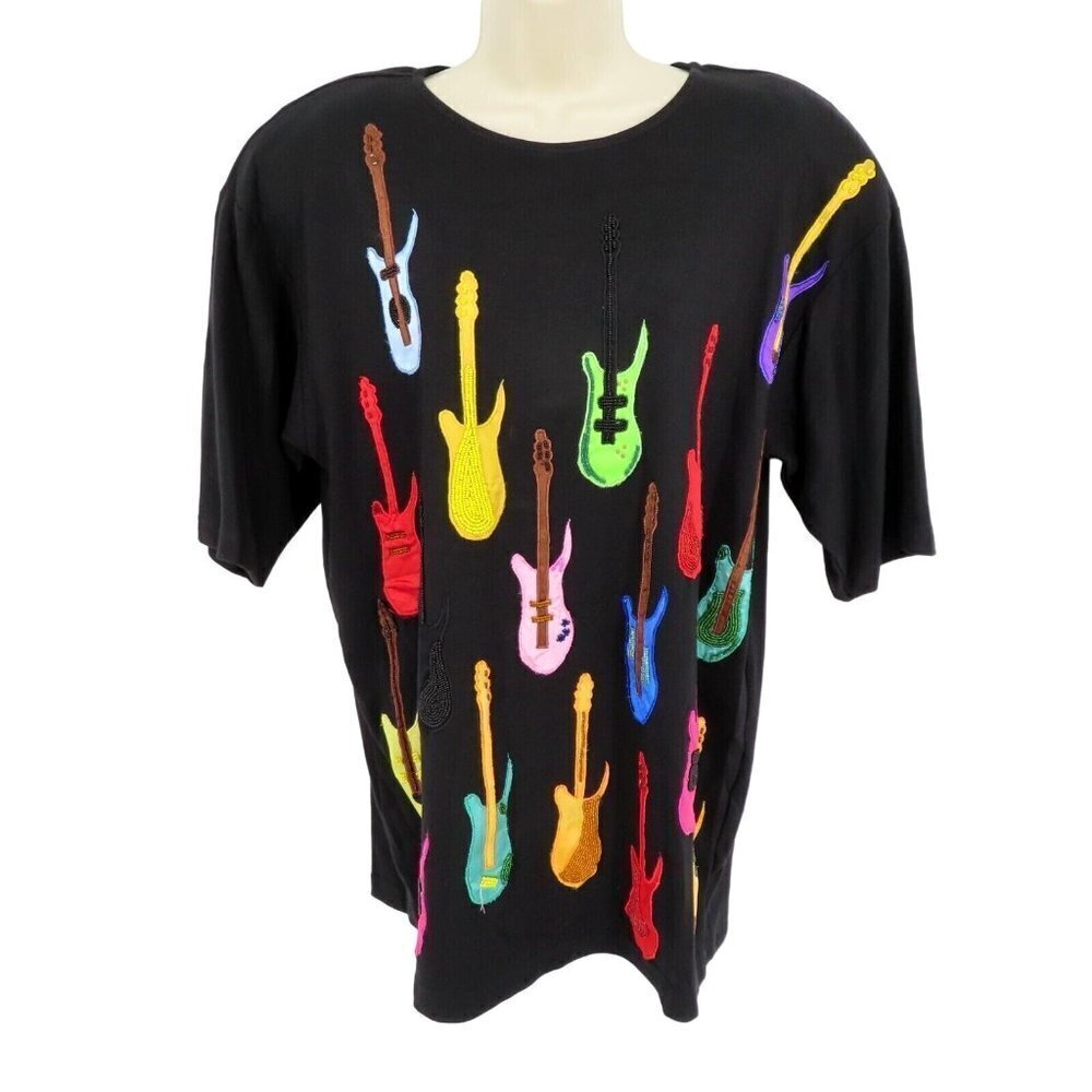 Cedars Womens Medium Beaded Embroidered Guitar Music Short Sleeve Shirt Top NEW